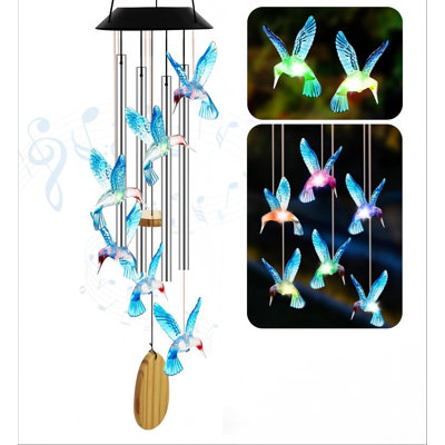 Carillons éoliens pour l'extérieur, lumières solaires extérieures imperméables, lumière de colibri changeant de couleur pour la cour, extérieur, patio, décoration de jardin, mobiles de vent, cadeaux de jardinage pour femmes, maman, épouse, colibri bleu