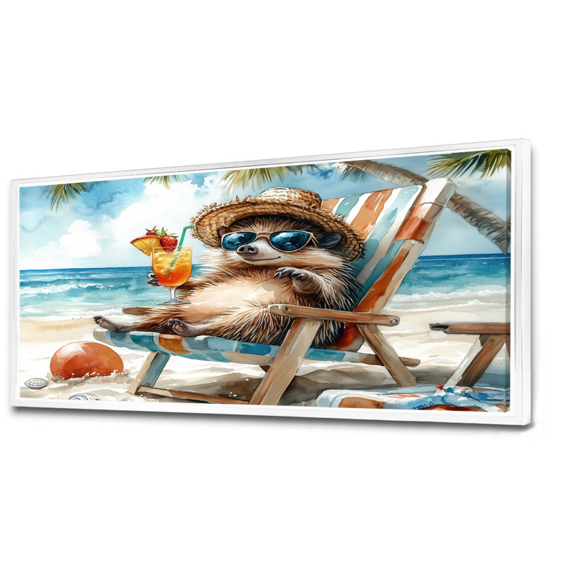 Hérisson sur la plage - Art mural animaux côtiers, Toile encadrée flottée blanche, H 28 po x l 60 po x P 1,5 po