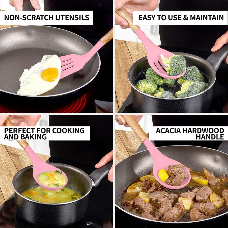 Ensemble d'ustensiles en silicone 5 pièces avec poignées en bois d'acacia Zulay Kitchen , Rose