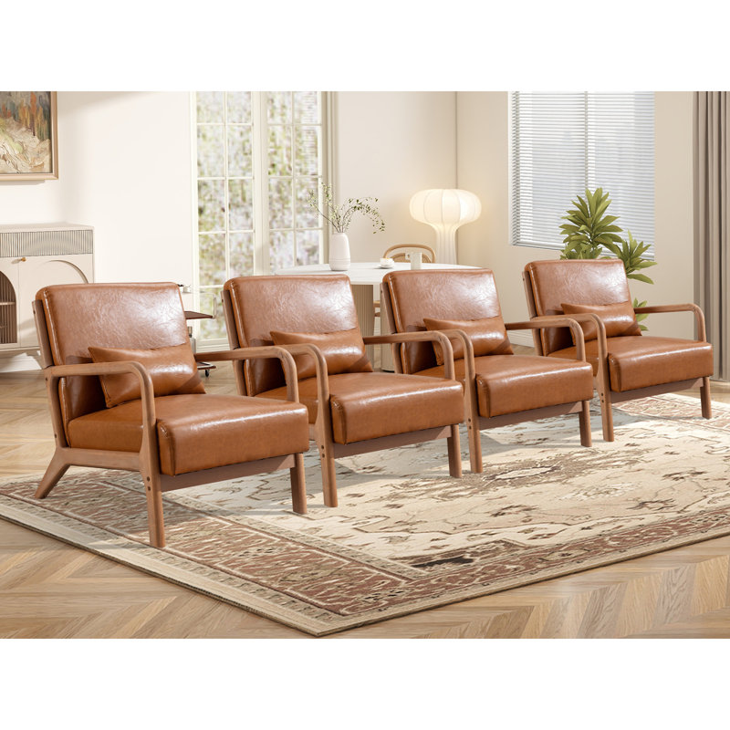 Lyon 25.78" Wide Mid Century Faux Leather Accent Chair with an Extra Pillow(Set of 4), Camel Faux Leather