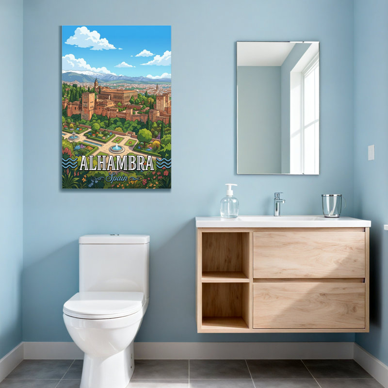 Paysages pittoresques et urbains, Alhambra, jardin, montagnes, ciel, arbres, fleurs, Espagne, H 40 po x l 28 po