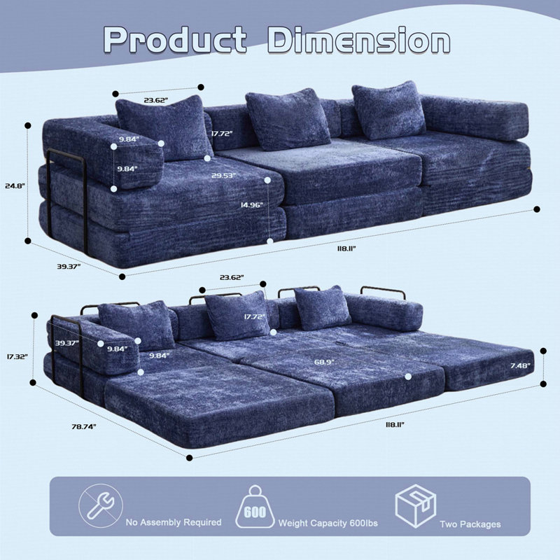 Canapé à compression, canapé-lit à plancher convertible à structure fixe, canapé modulaire désossé, Bleu très foncé