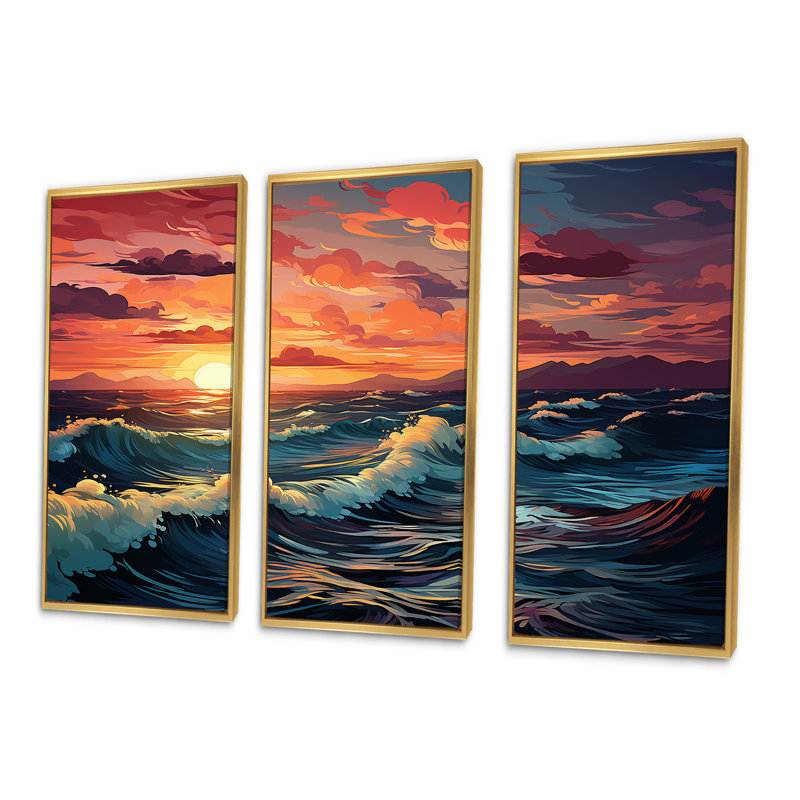 Rainbow Beach Sunset II - Ensemble de décoration murale océan, Cadre flottant doré, H 40 po x l 60 po x P 1 po