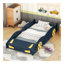 Lit plateforme simple en forme de voiture de course avec roues et rangement, bleu foncé et jaune