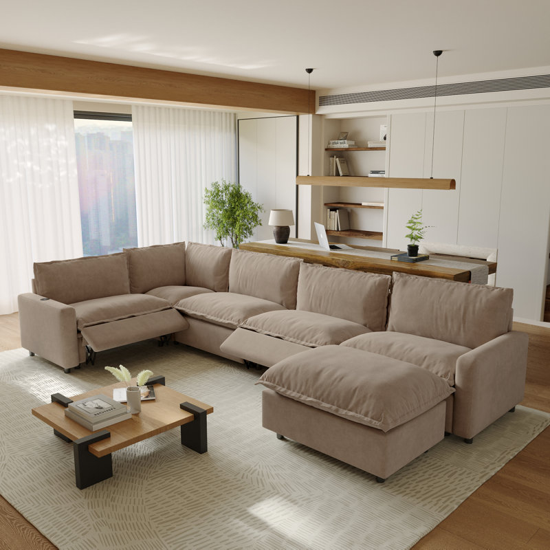Moncada 6-Piece Modular Linen L-Shaped Power Reclining Sectional With Zero-Gravity And Heated Seats, Khaki Linen