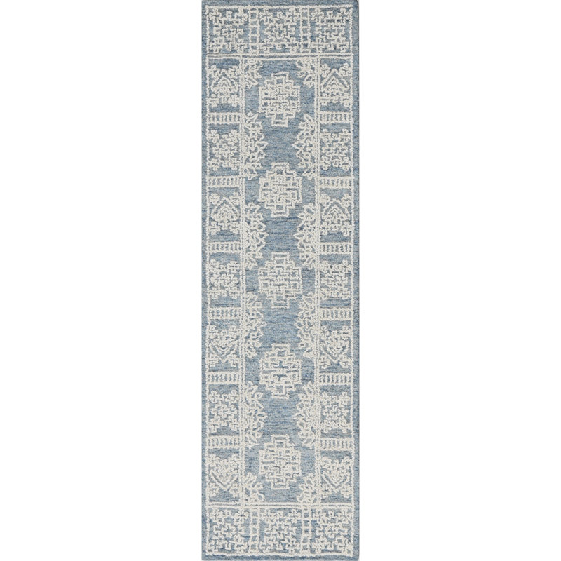 Hardanger Oriental Hand Tufted Wool Area Rug in Denim/White, Runner 2'3" x 8'