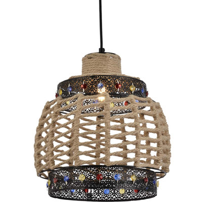 Volume Lighting Magan 1-light Black And Hemp Rope Basket Pendant With Colorful Glass Crystals In Black & Hemp Rope