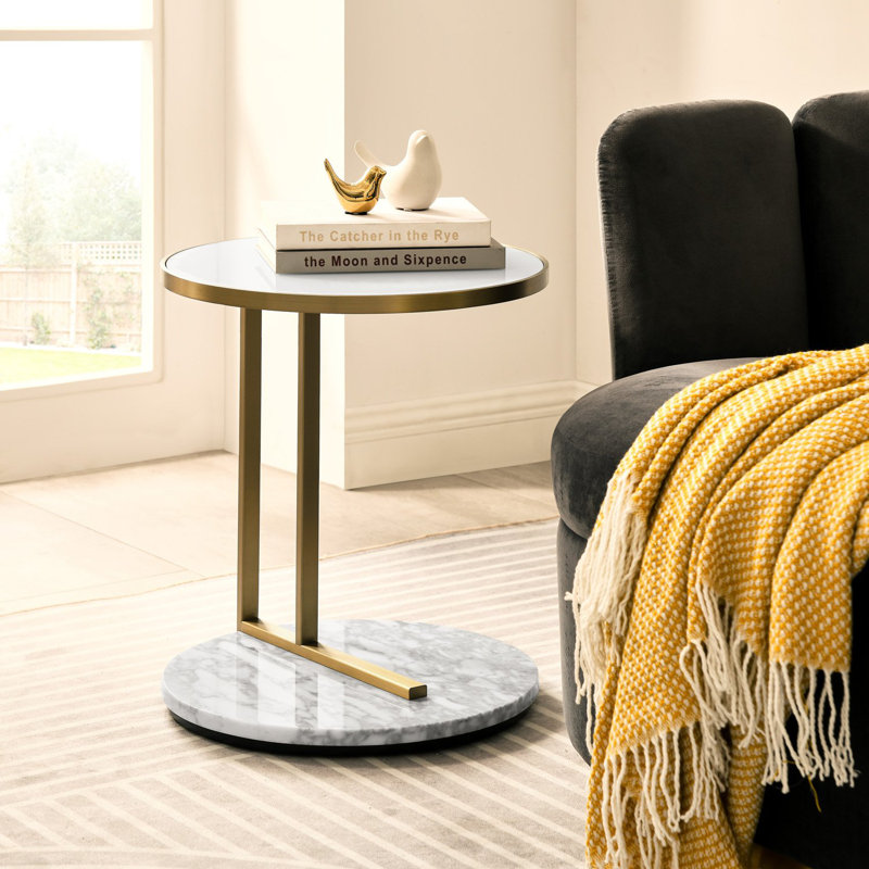Midas Glass Tray Top End Table, White Top/White Carrara Base