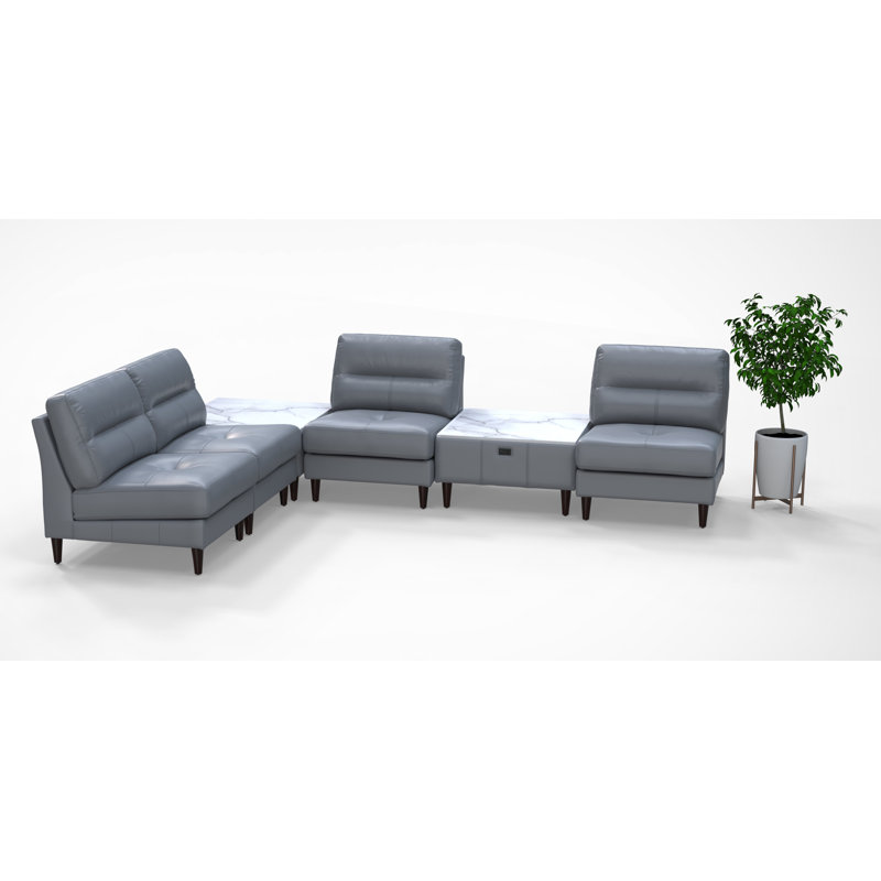 Ensemble de chaises de salle d'attente pour 4 personnes avec tables de chargement, ensemble 100% cuir véritable 6 pièces, gris