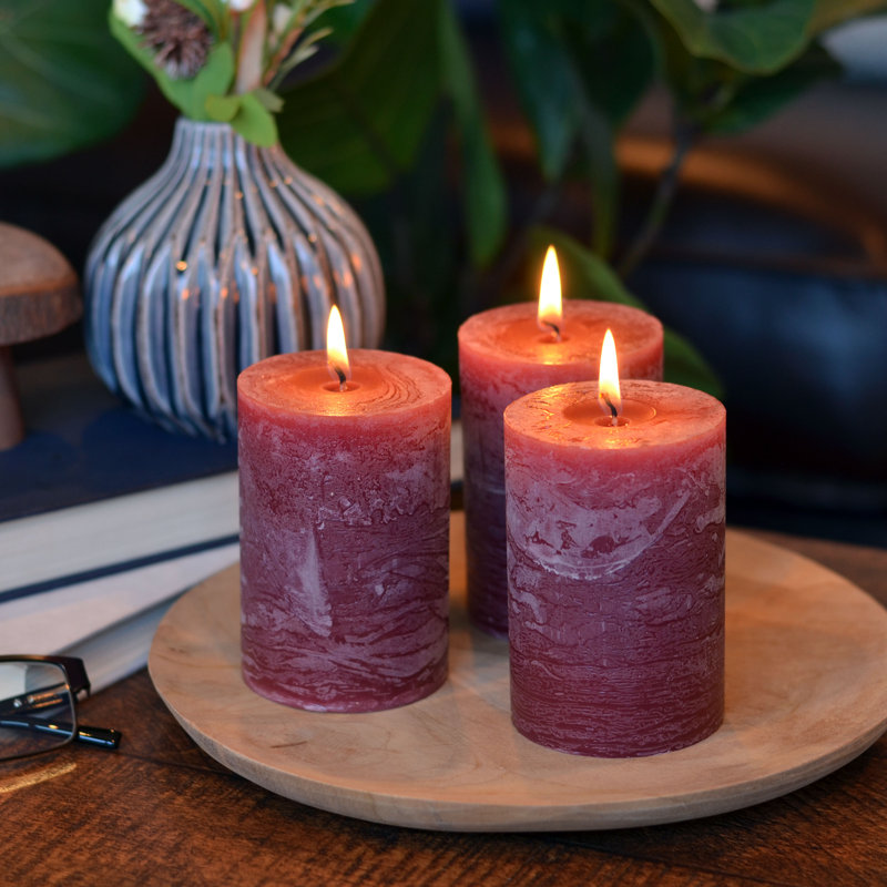 3 Piece Pillar Candle Set, Dark Rose-Magenta Red