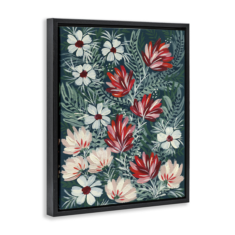 Folksy Floral Pattern Grey Framed Floater Canvas Wall Art by Yvette St. Amant, Jet Black Floater Frame, 21" H x 17" W