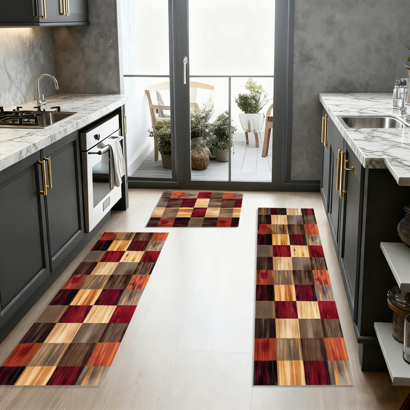 Machine Washable Non-SlipKitchen Mat(Set of 3), Gray/Red/Brown Plaid