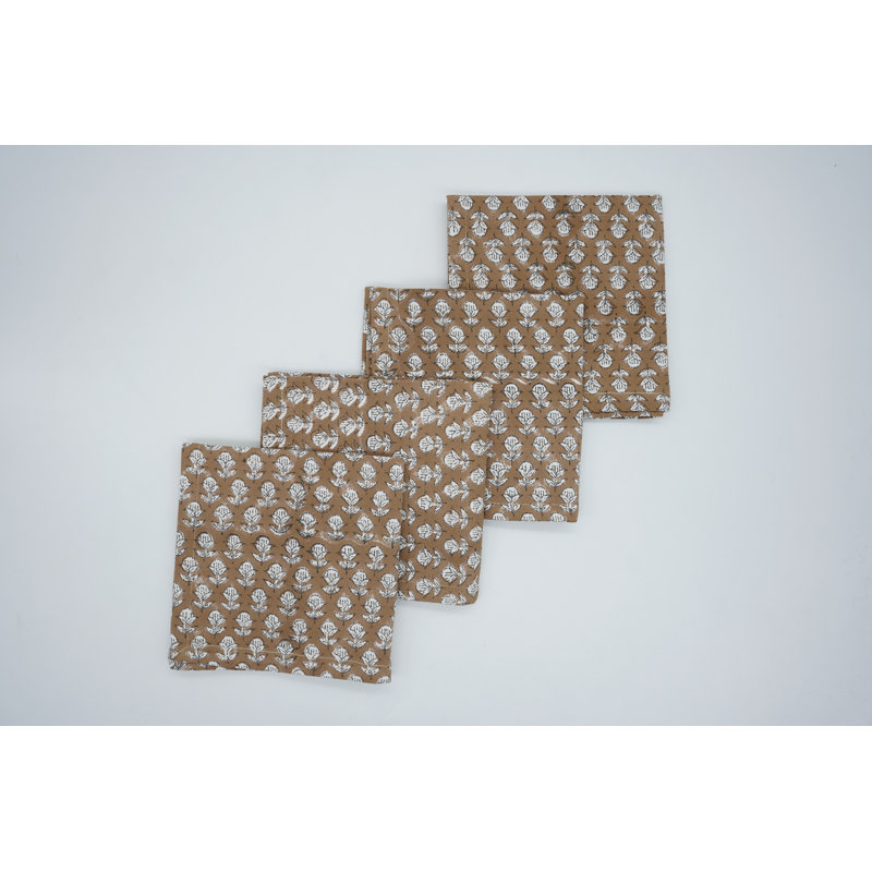 Fabdivine 18X18 Inch Floral Block Print  Durable Napkins for Daily Use, Brown Tarangini