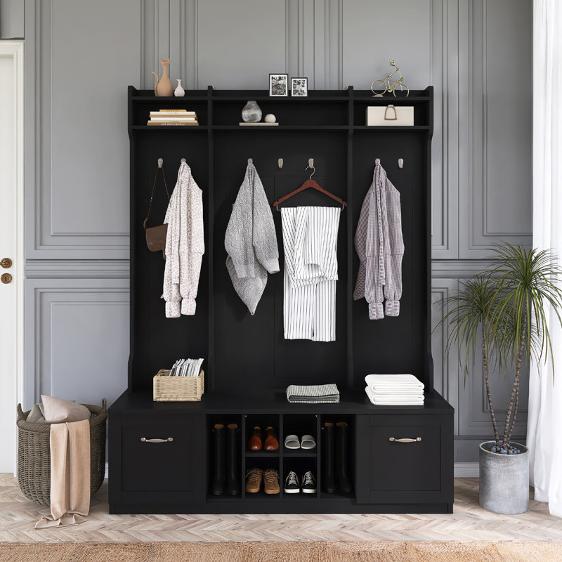 Portemanteau 5-en-1 de 58,8 po de largeur avec banc et rangement pour chaussures, Noir