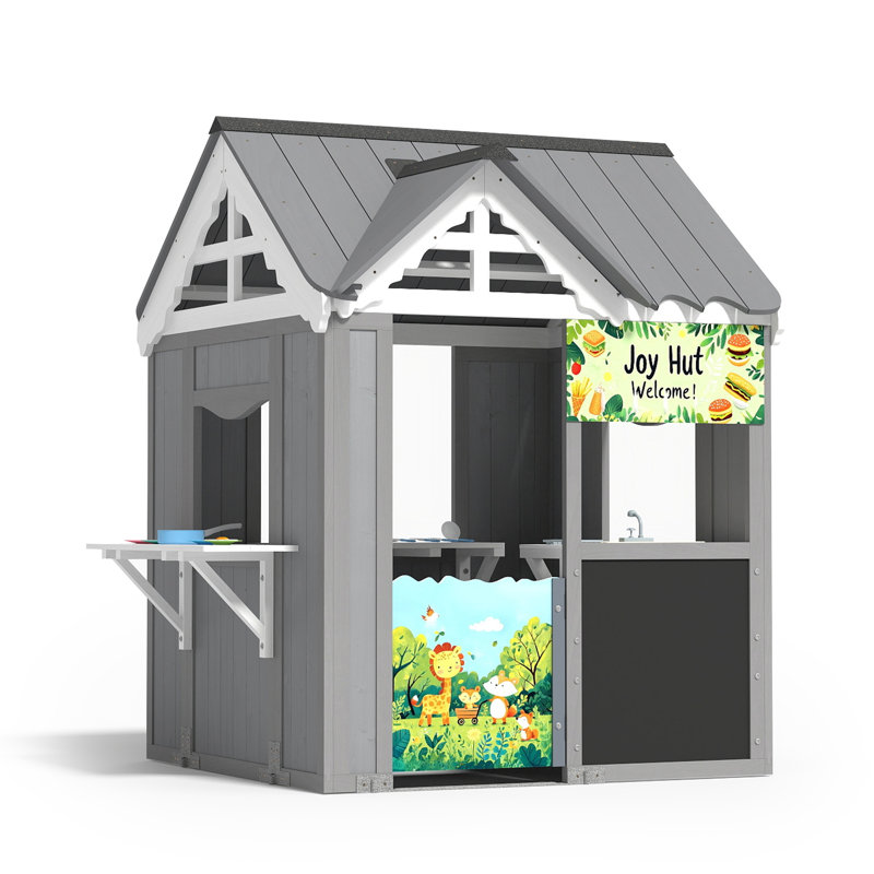 TOBBI Outdoor Wooden Kids Playhouse with Blackboard & Toy Kitchen Accessories, Backyard Play Equipment for Boys & Girls, Ages 3‑6, 41”L x 55”H, Gray
