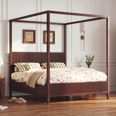 King size Wooden Canopy Platform Bed, Solid Wood Four-Poster Bed with Fluted Headboard, Support Slats, No Box Spring,Espresso