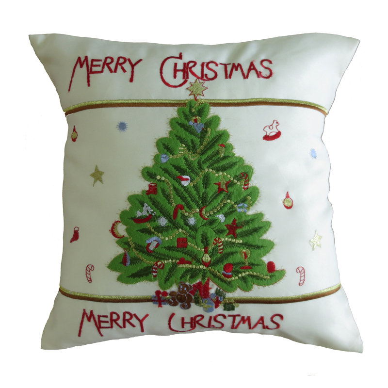 Embroidered Merry Christmas Tree Square Polyester Cushion Cover