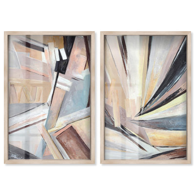 Balancing Lines Duo Shadowbox Print Gold Boho Wall Decor Set by Art Remedy, Blonde Frame, 16 x 24