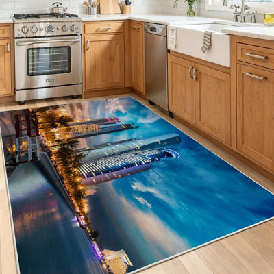 Blue Machine Washable,Skyline of City Sunset Skyscraper Indoor Area Rug