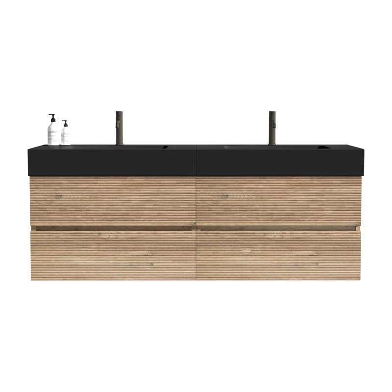 Meuble-lavabo de 60 po (30 po * 2) en chêne brut avec lavabo à surface solide noir mat avec tiroirs Grace, meuble-lavabo mural flottant pour salle de bain moderne, sans drain ni robinet