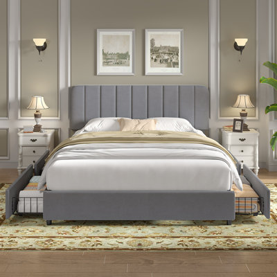 Huntsville Queen Storage Bed with 4 Drawers Velvet Upholstered Headboard Gray Platform Bed Frame