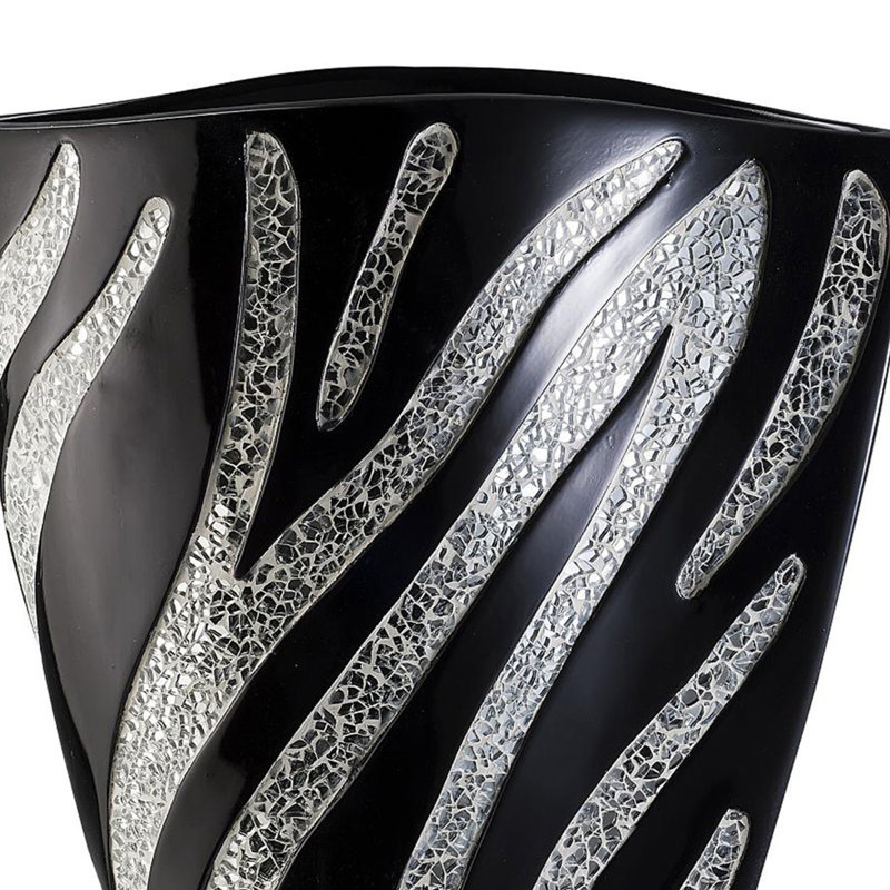 14" Tall Polyresin Decorative Vase, Black finish with Silver Zebra Pattern