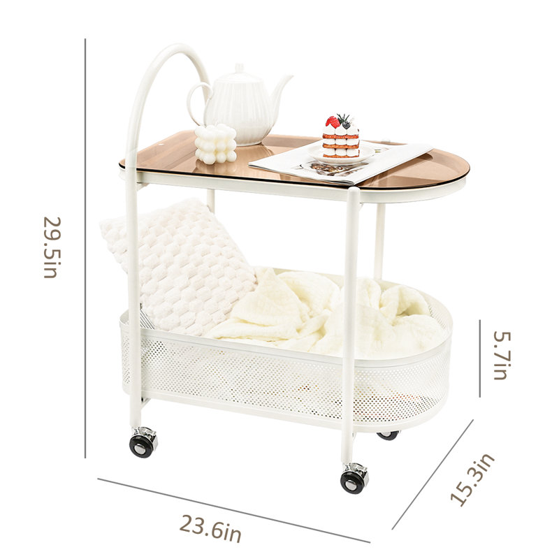 2 Tier Rolling Side Table, Metal Coffee Sofa Side End Table,Handle Utility Cart, Bed Side Table With Wheels Night Stand, Serving Cart,Drink Cart, For Living Room, Bedroom, Bathroom