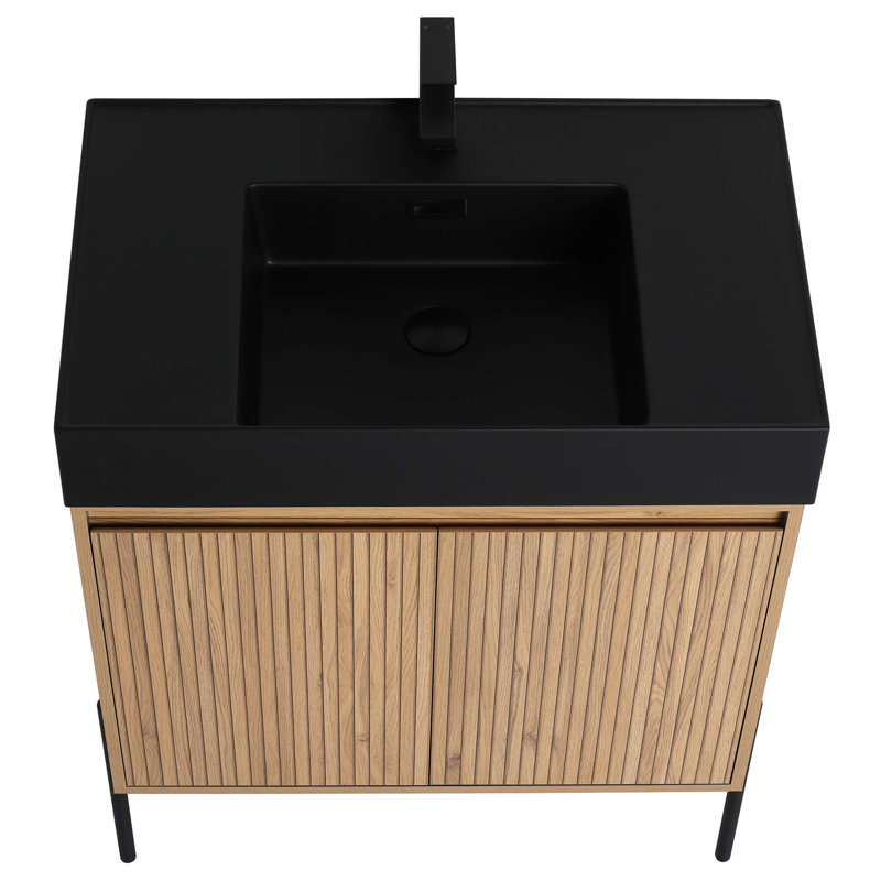 Ebern Designs Yordana Bathroom Vanity 30" Wide, Black, Oak