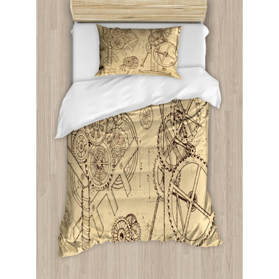 Ambesonne Steampunk Duvet Cover Set, Hand-Drawn Machines, Twin, Beige and Dark Brown -  nev_66716_twin