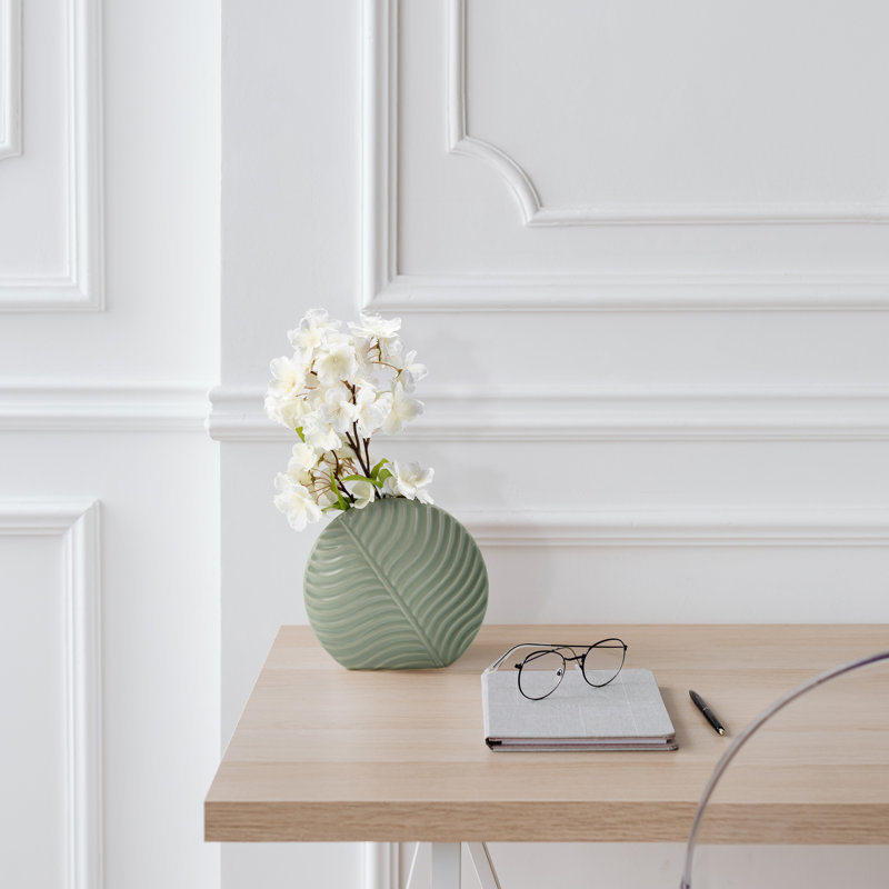 Sculptural Tall Vase with Leaf Texture for Console and Entryway Design - Flower Vase for Home Decor, Sage Green