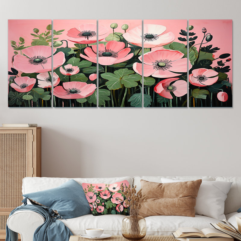 Minimalisme, coquelicots roses et verts - coquelicots, 5 pièces, H 32 po x l 80 po