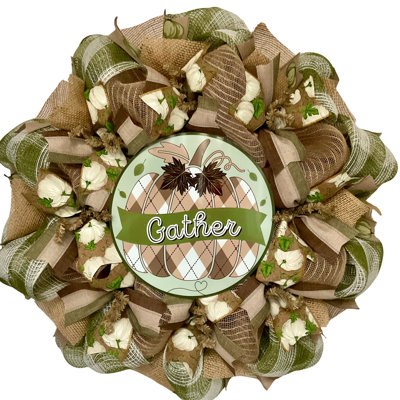 Thanksgiving Gather Harvest Pumpkin Wreath Handmade Deco Mesh