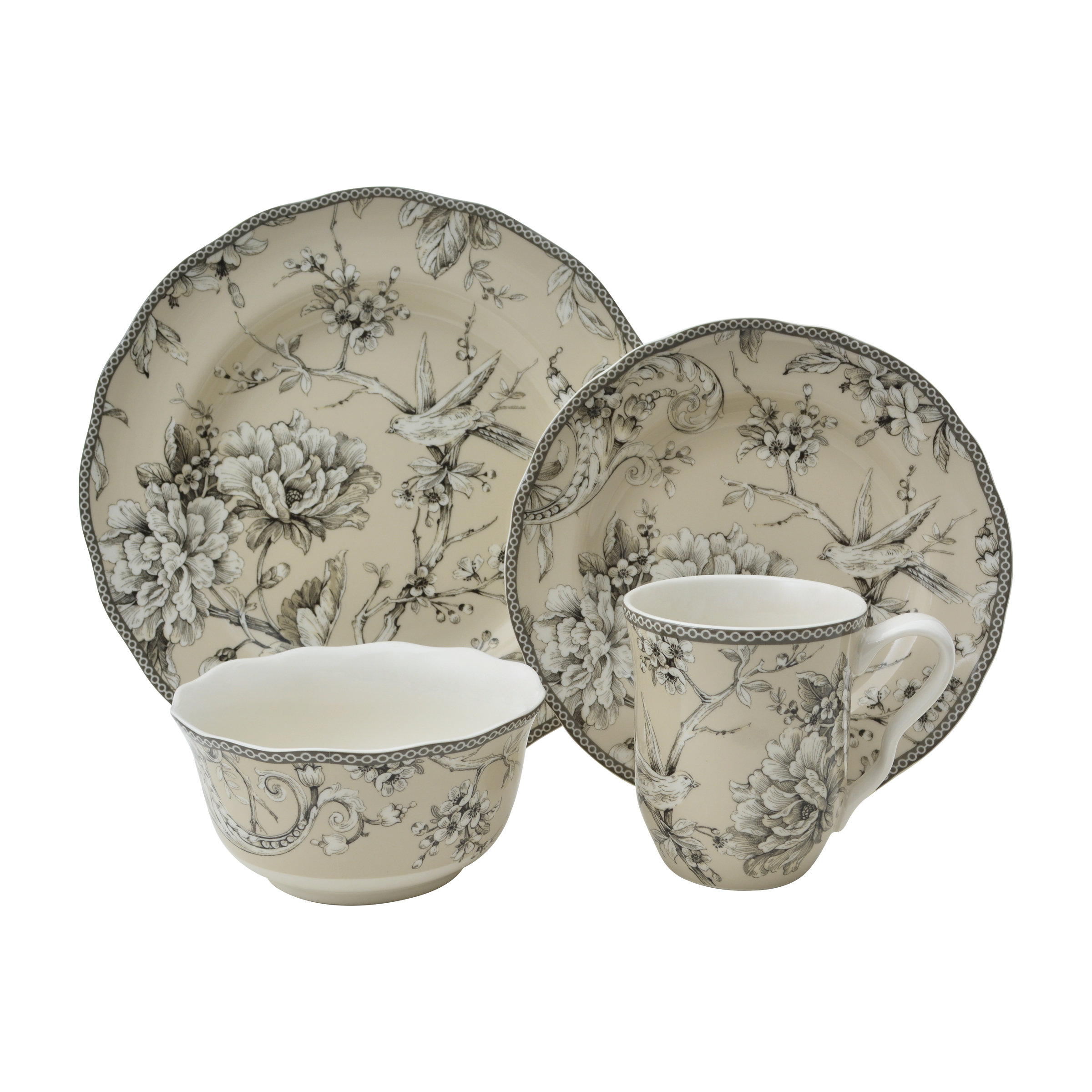 222 Fifth Adelaide 16-Piece Porcelain Dinnerware Set Service For 4, Plate, Bowl & Mug Set, Bird & Floral Design, For Everyday Dining & Entertainment, Microwave & Dishwasher Safe & ...