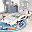 Lit plateforme blanc en forme de voiture simple avec roues coulissantes et garde-corps - Option de structure de taille de chambre à coucher à protection fonctionnelle
