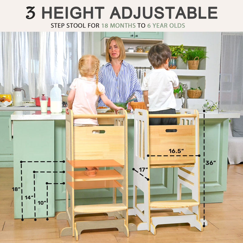 Kitchen stool helper adjustable height child standing learning tower wooden kids step stools for bathroom, Tanné