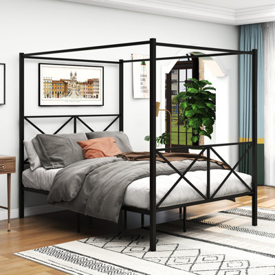 Structure de lit à baldaquin en métal noir pour grand lit, et très sous l'espace, s'adapte aux matelas de grand lit standard avec baldaquin, supporte 500 livres, finition, matelas, installation facile