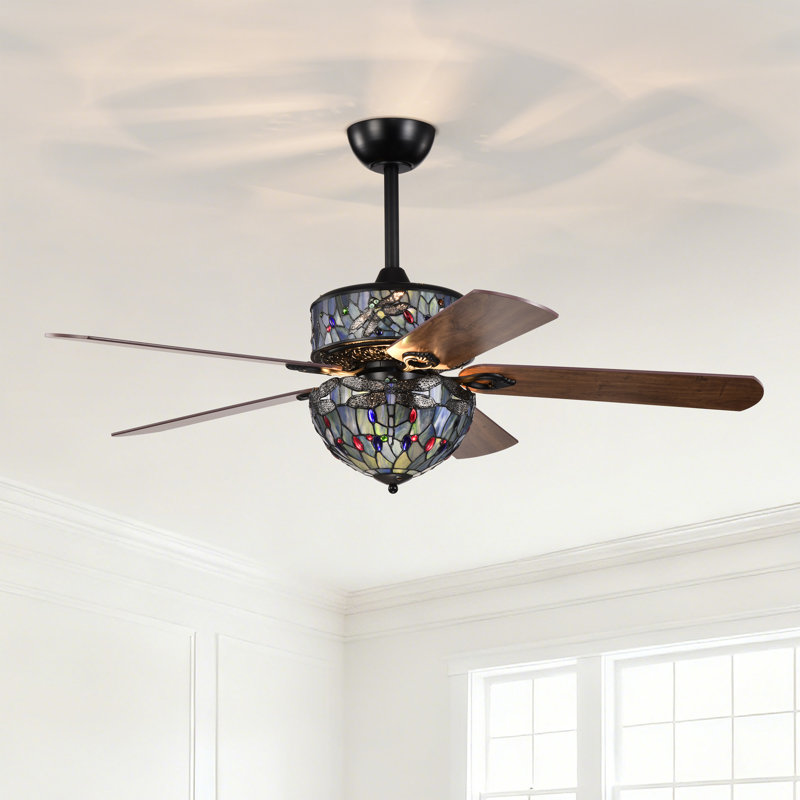 Blue Dragonfly 5-blade Lighted Ceiling Fan 2-tier Tiffany Style Glass