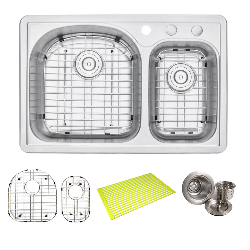 33'' L Double Bowl Stainless Steel Kitchen Sink, 3 Hole