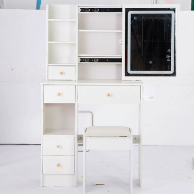 Petite coiffeuse 29,2 po avec tabouret de bureau + tabouret rembourré, centrale électrique 2 AC + 2 USB, support pour séchoir à cheveux, très grand miroir coulissant à commande tactile, certificat 3 couleurs, certificat EPA, GCC, UL