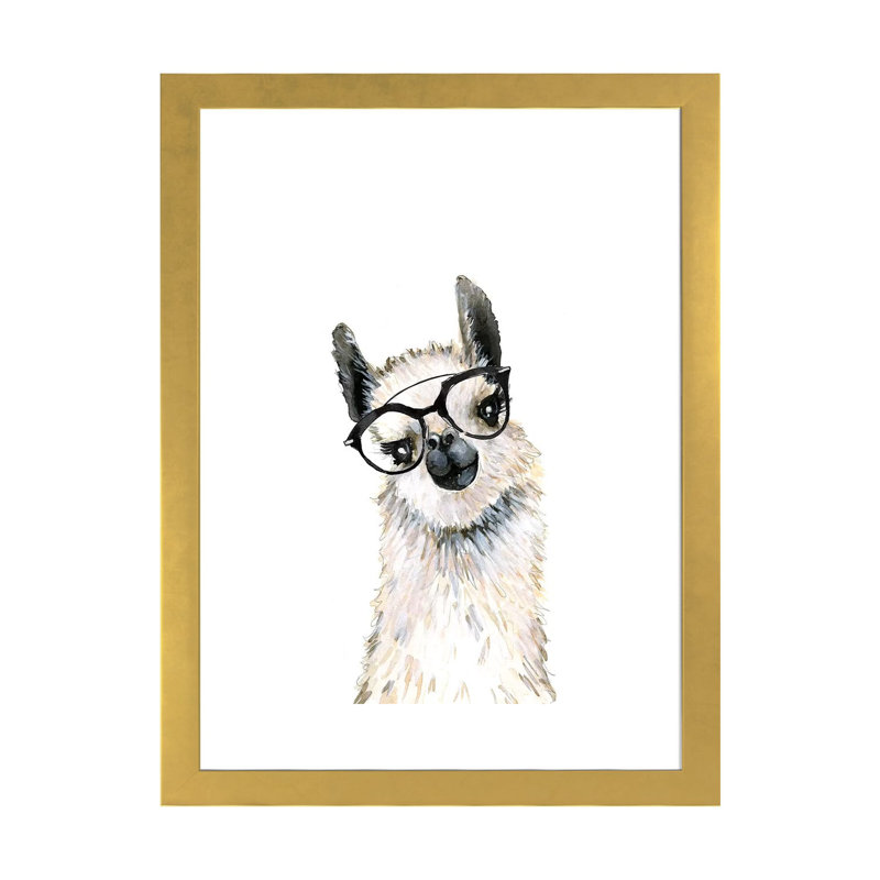 Lama avec lunettes par Mercedes Lopez Charro - impression d'art graphique, H 24 po x l 16 po x P 1 po, Papier encadré doré