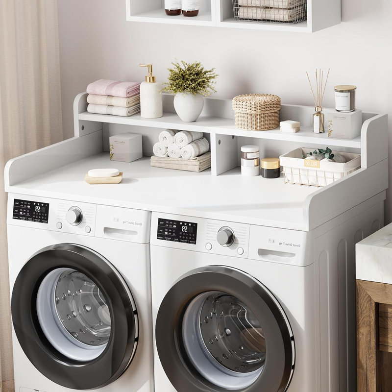 54" Washer Dryer Laundry Countertop with 2-Tier Shelf, Washer and Dryer Topper for Laundry Room Organization, White