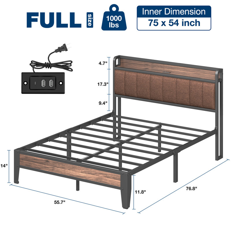 Upholstered Bed Frame with Charging Station and Storage Headboard, Brown, Full