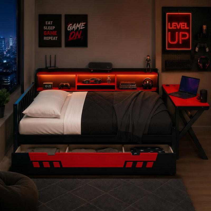 Lit de jeu pleine grandeur avec bureau, étagères de rangement, éclairage DEL, station de recharge et bibliothèque, noir et rouge.