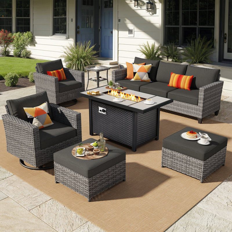 Ensemble de mobilier d'extérieur et canapé 7 pièces avec poêle, Noir