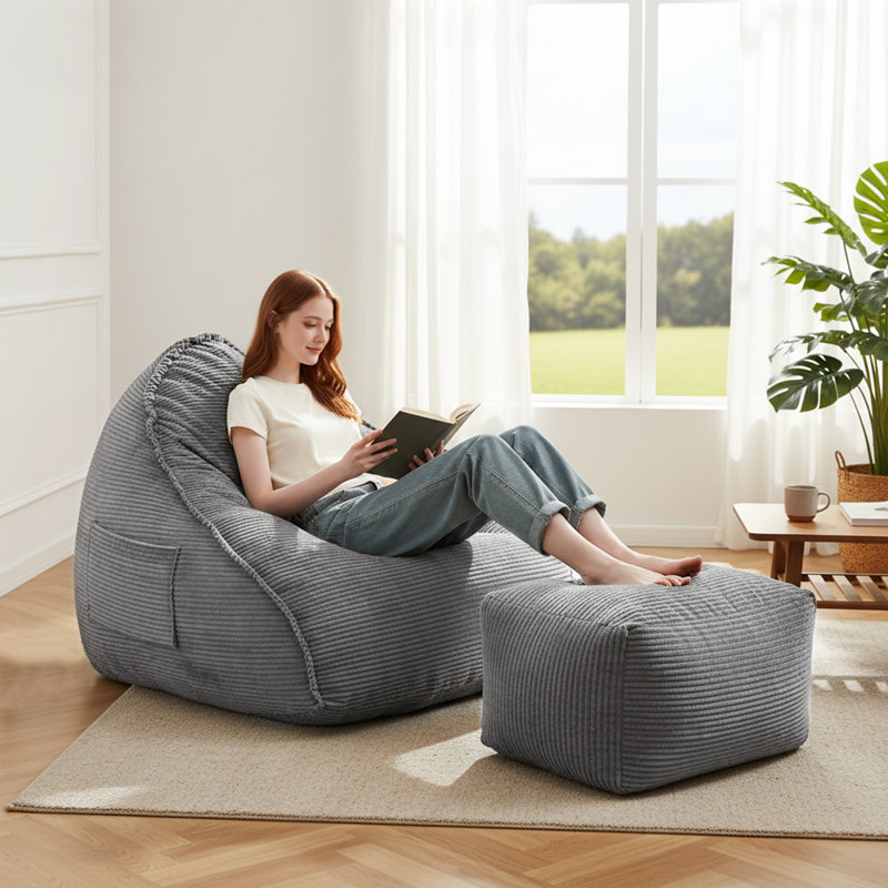Bean Bag Chair with Ottoman for Adults, Large Corduroy Bean Bag Couch, Boneless Cloud Chaise Lounge Reading Chair with High-Resilience Foam, Floor Lounger for Bedroom Living Room(Gray)