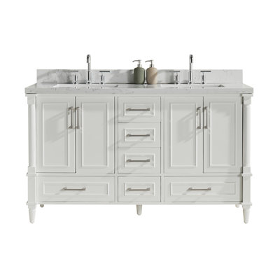 De meuble-lavabo double autoportant avec plateau en marbre d'ingénierie, rangement spacieux et design moderne
