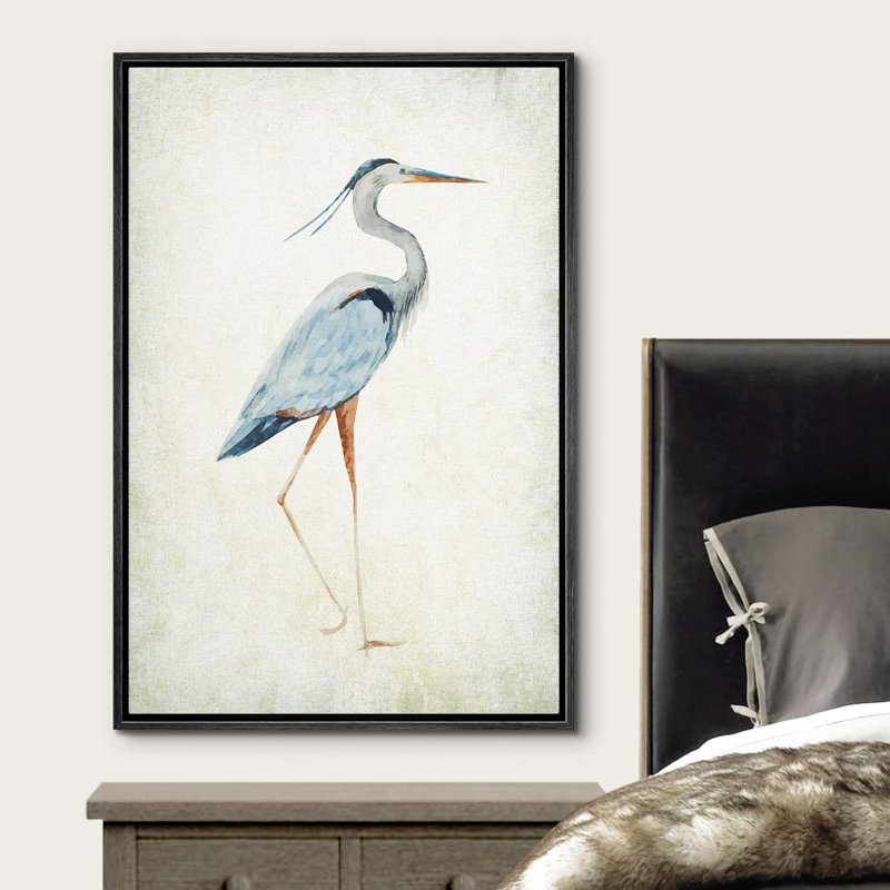Heron sur toile tendue avec oiseaux sauvages, Cadre flottant noir, H 24 po x l 16 po x P 1,5 po