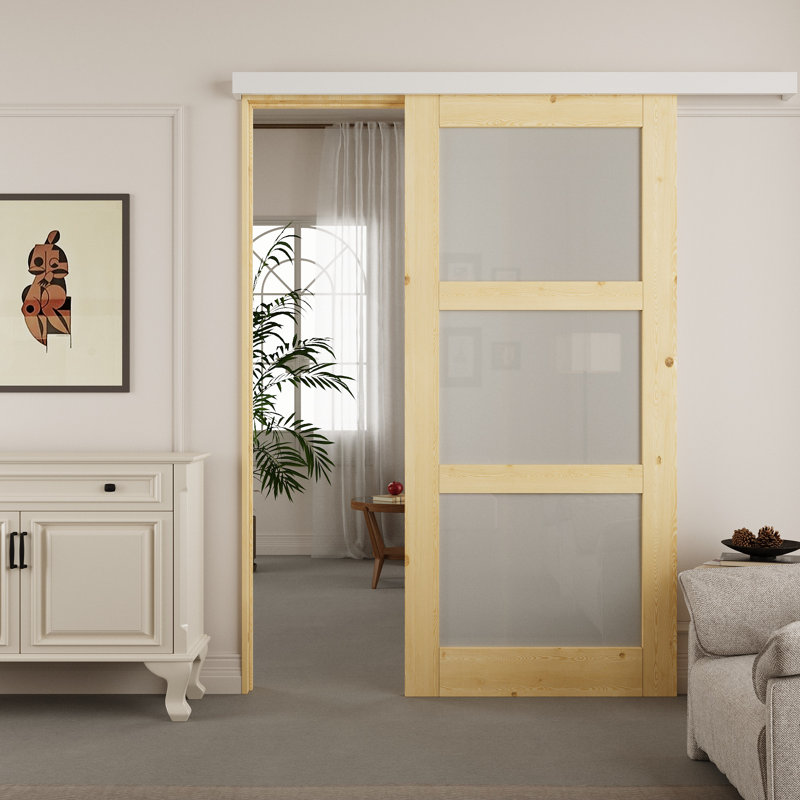 Porte de grange en verre givré massif 3-Lite avec trousse de quincaillerie d'installation pour rail caché, 36 po x 80 po