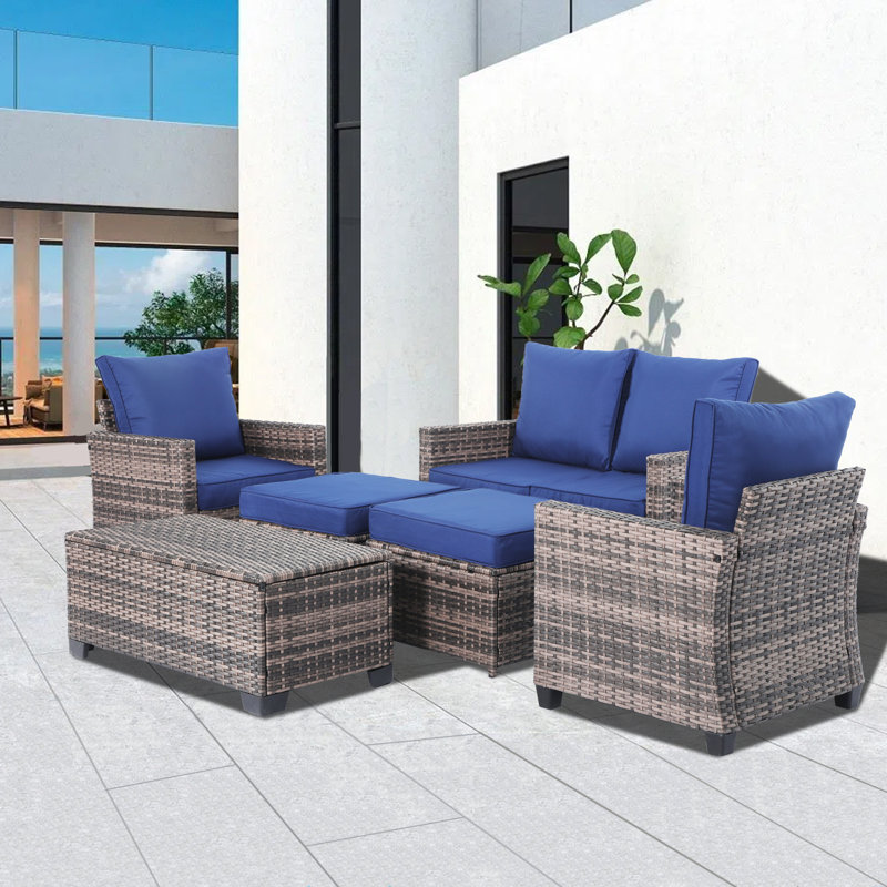 6-piece Wicker Rattan Outdoor Patio Set With Sectional Sofa And Storage Table, Blue