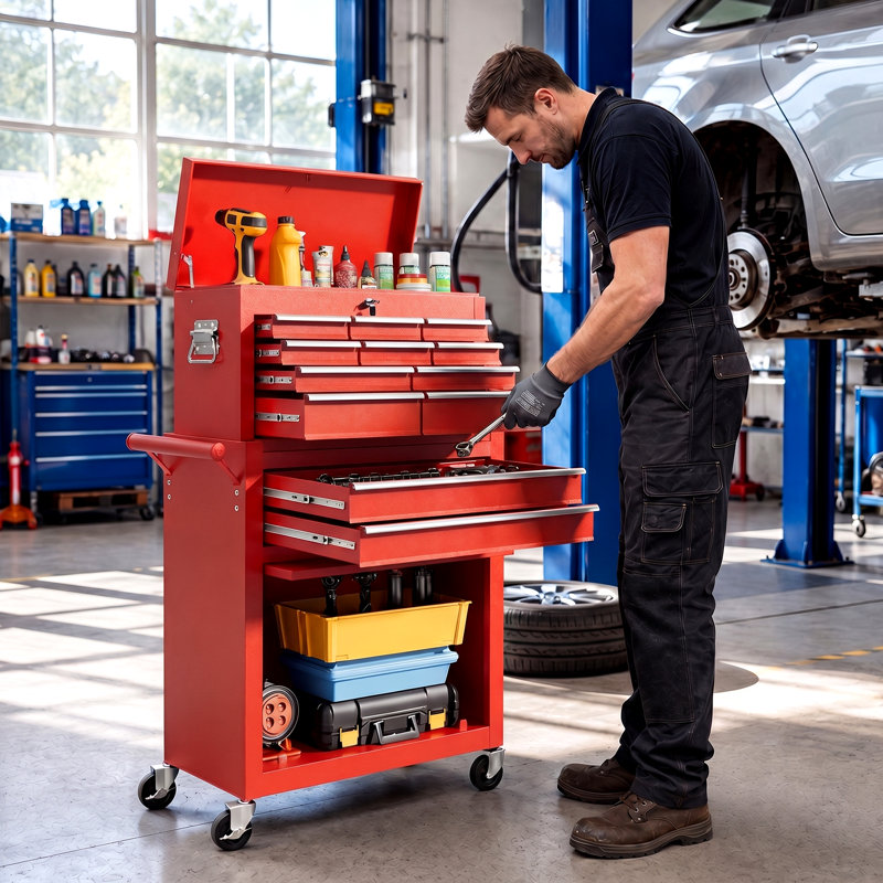 Coffre à outils à 12 tiroirs avec roulettes (2-en-1), Red